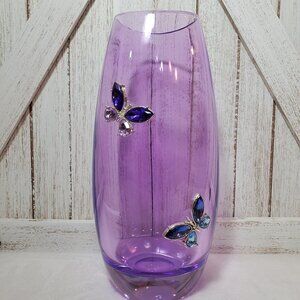 Purple 24% Lead Crystal Vase Glass Vase with Butterfly Decorations EUC